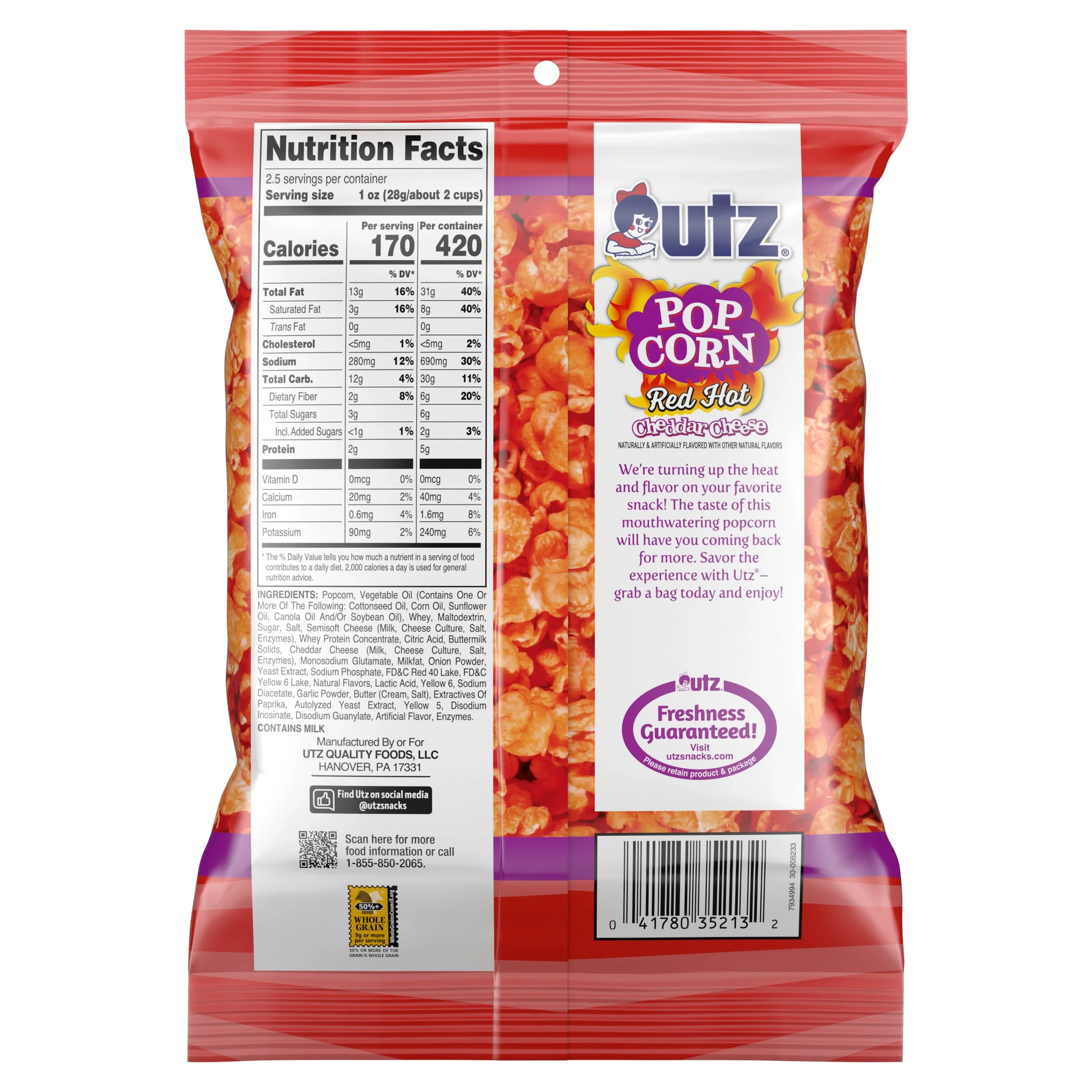 Utz Popcorn Red Hot Cheddar Cheese 2.5 oz - Image 2