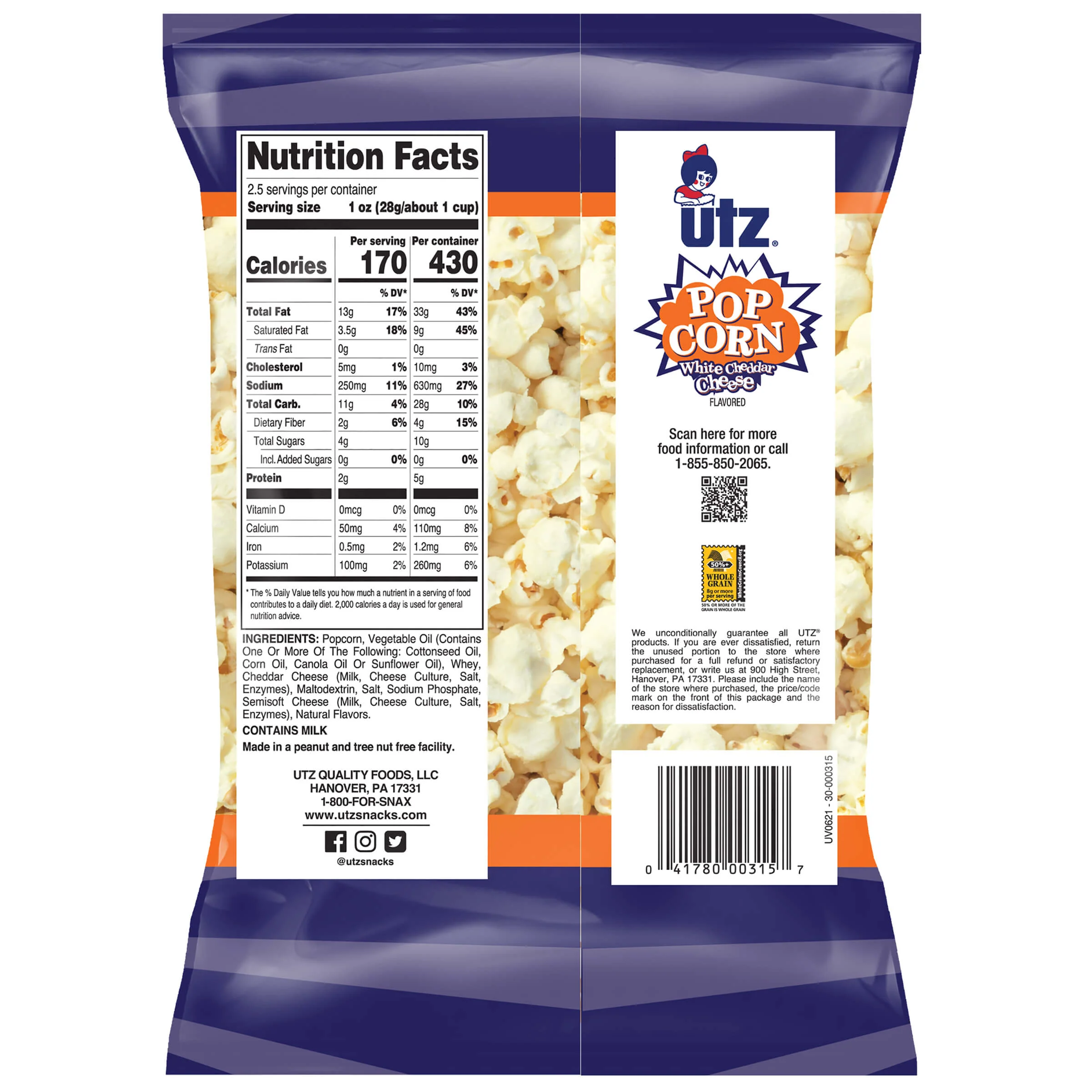 Utz Popcorn White Cheddar Cheese 2.5 oz - Image 3