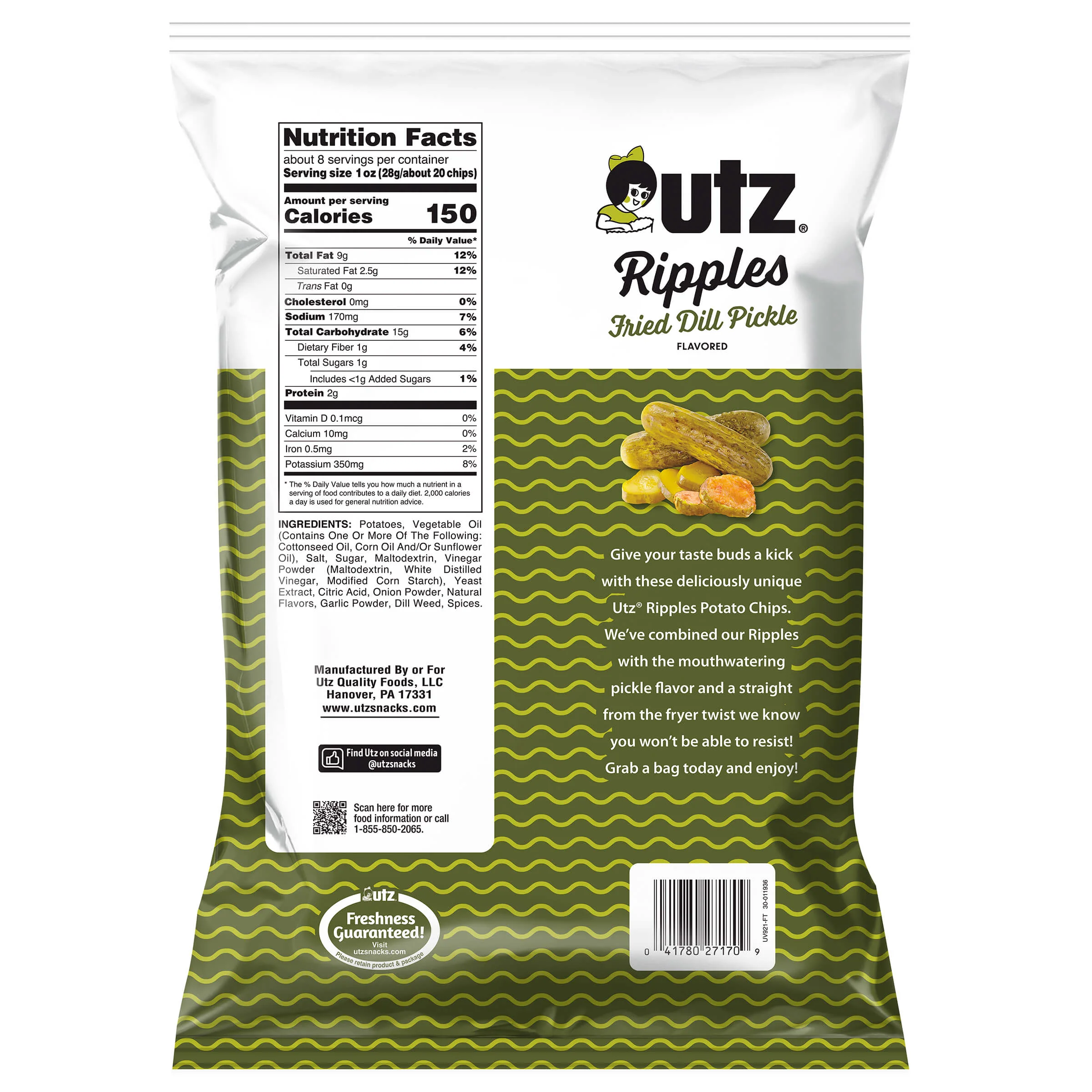 Utz Potato Chips Ripples Fried Dill Pickle 7.75 oz - Image 4