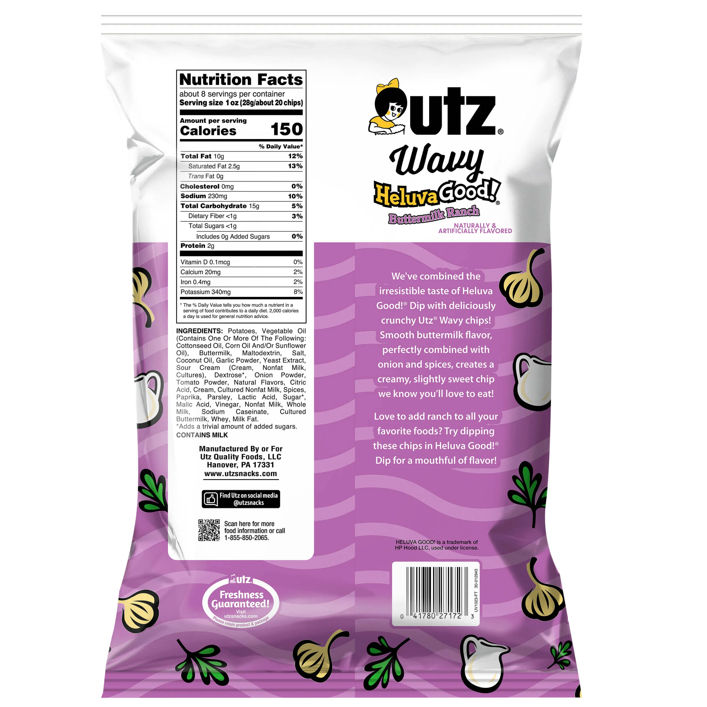 Utz Potato Chips Wavy Heluva Good Buttermilk Ranch 7.75 oz - Image 2