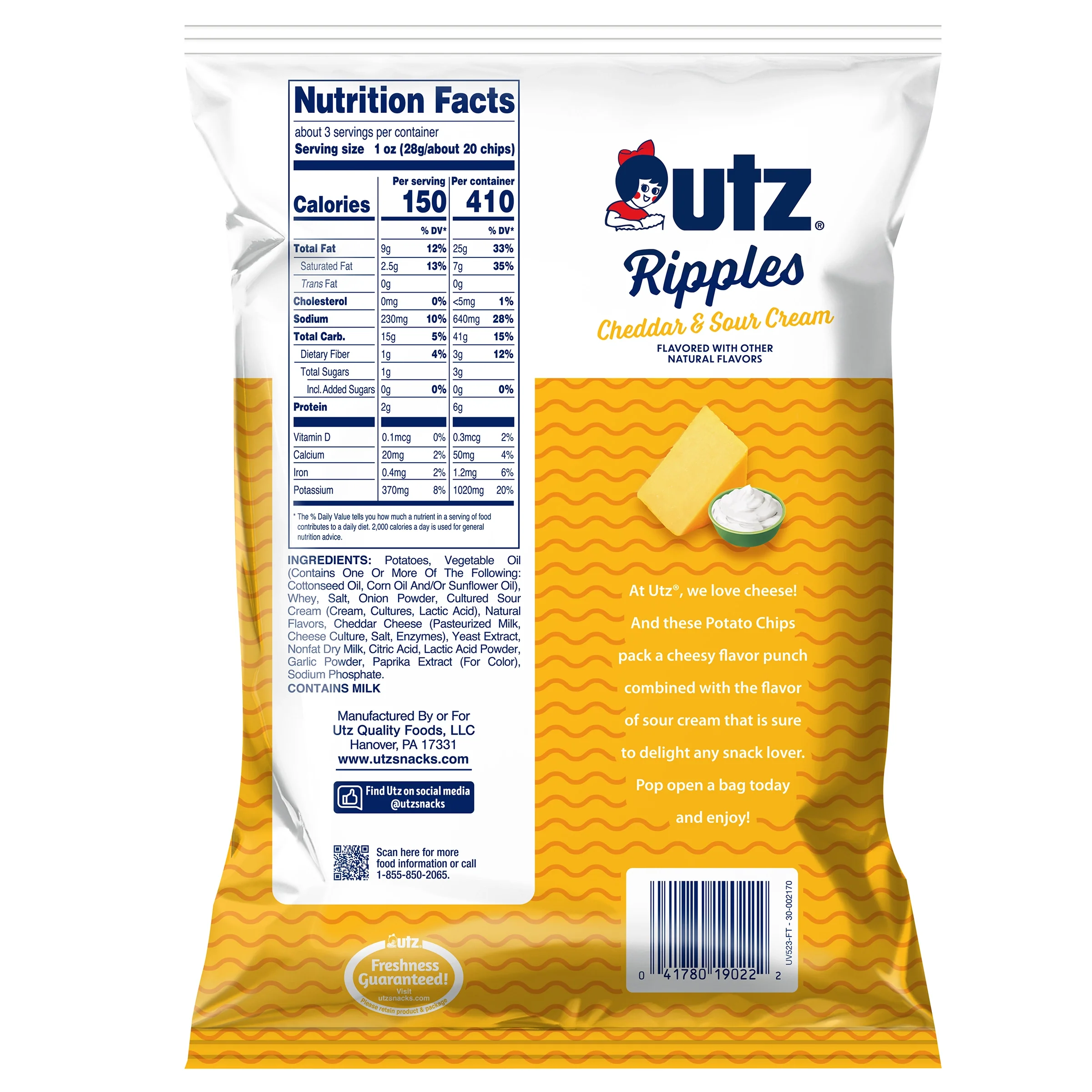 Utz Cheddar & Sour Cream Ripple Potato Chips 2.75 oz. - Image 2