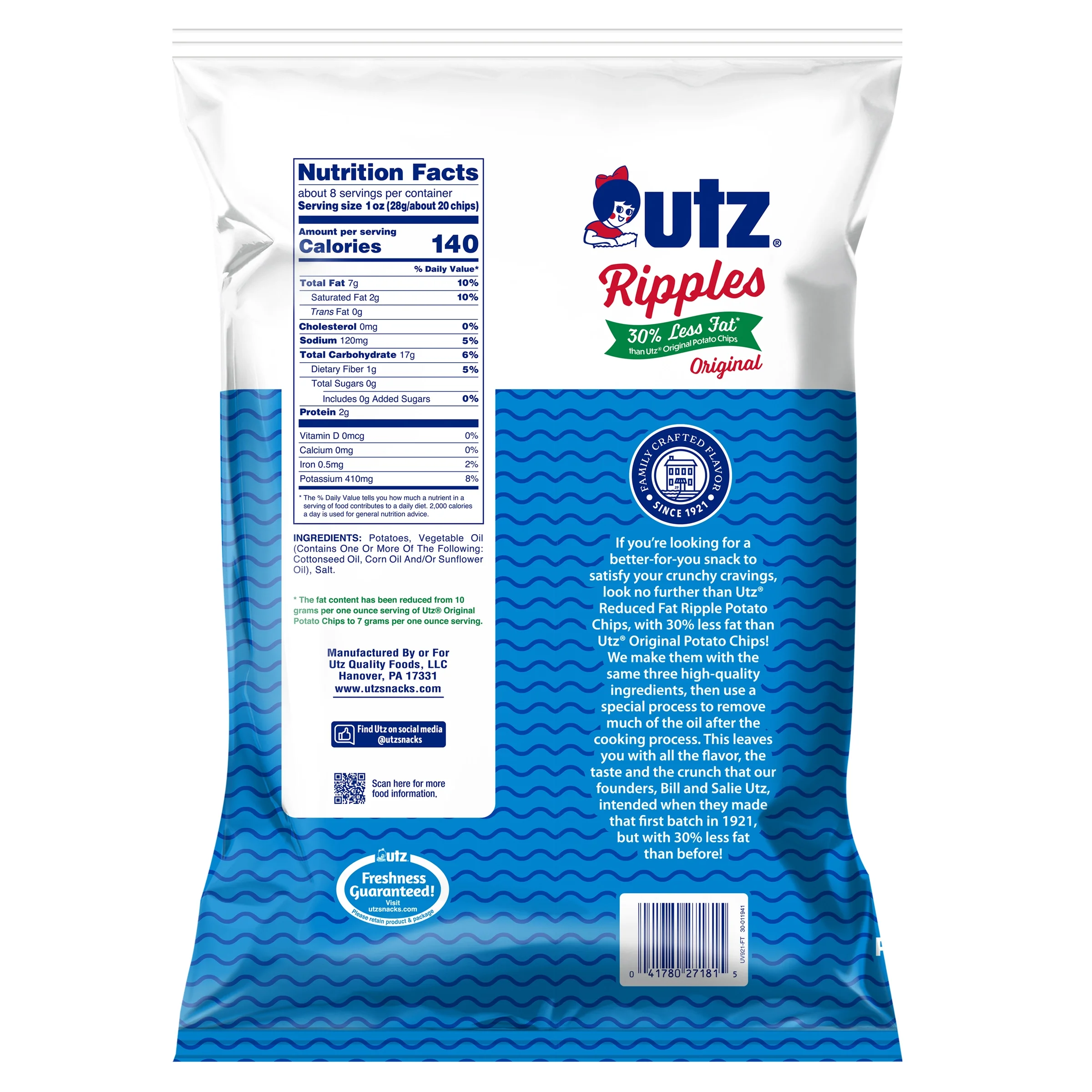Utz Potato Chips Ripples Reduced Fat Original 7.75 oz - Image 2